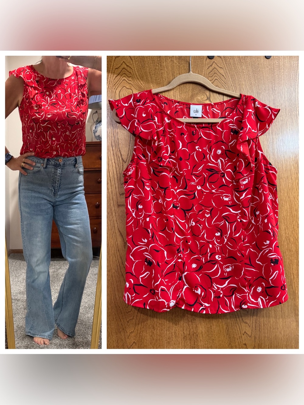CAbi Red Floral Ruffle Sleeve Top